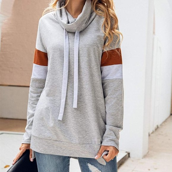 Barlver Womens Zip up Hoodie Color Block Cowl Neck Drawstring Hooded Sweatshirt - Picture 3 of 6